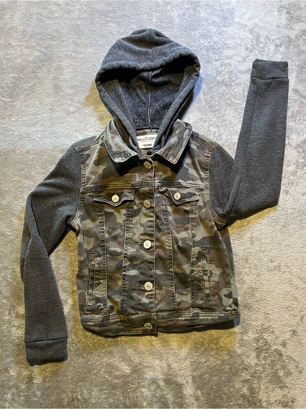 Wallflower Girls' Camo Jean Jacket with Dark Gray Hood & Sleeves